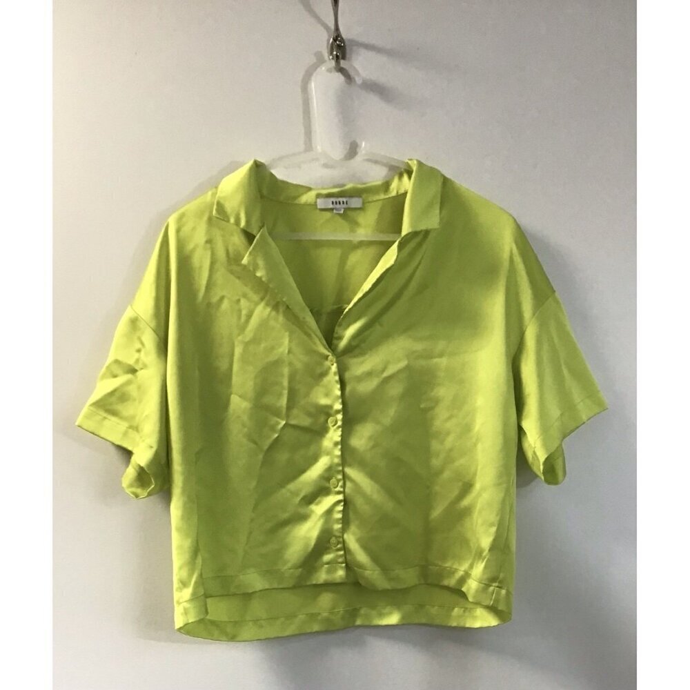 Ro & De Silky Neon Green Cropped Button Up Blouse Size XL Shirt 💚